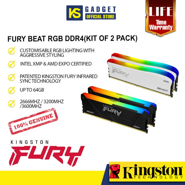 [READY STOCK]KINGSTON HYPERX FURY BEAST RGB 16/32/64GB DDR4 2666 / 3200 /3600MHZ MEMORY RAM (KIT OF 2)