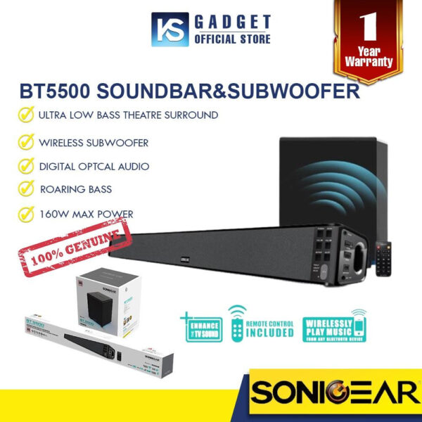 Sonicgear BT3500 | BT5500 l BT6500 l 5300 BT l Studiobar 500/600 Sound Bar & Subwoofer for TV with Wireless Remote, Bluetooth, FM, AUX